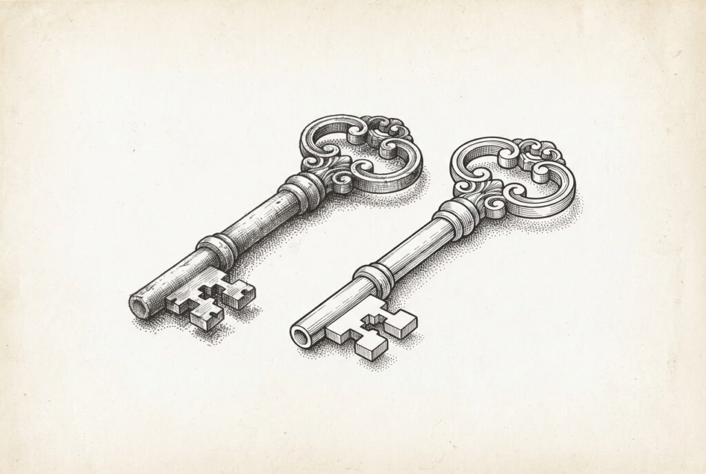 Two ornate antique skeleton keys lying side by side on warm cream paper — the original slightly worn, its duplicate more precise and refined. Monochrome pen-and-ink engraving metaphor for worker replication through digital twins.
