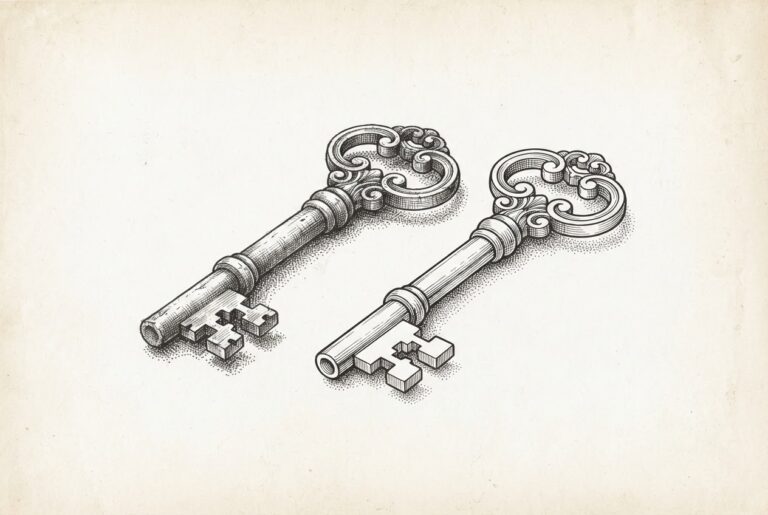 Two ornate antique skeleton keys lying side by side on warm cream paper — the original slightly worn, its duplicate more precise and refined. Monochrome pen-and-ink engraving metaphor for worker replication through digital twins.