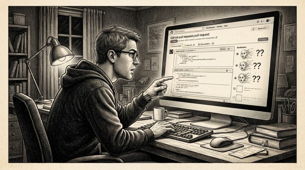 A developer reviewing a GitHub pull request where approving identities dissolve into AI-generated facsimiles — human vigilance catching what the technical barrier missed. Monochrome pen-and-ink engraving on warm paper.