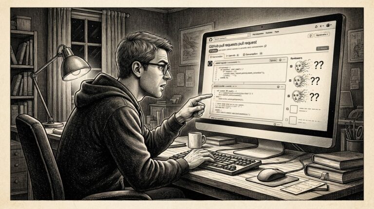 A developer reviewing a GitHub pull request where approving identities dissolve into AI-generated facsimiles — human vigilance catching what the technical barrier missed. Monochrome pen-and-ink engraving on warm paper.