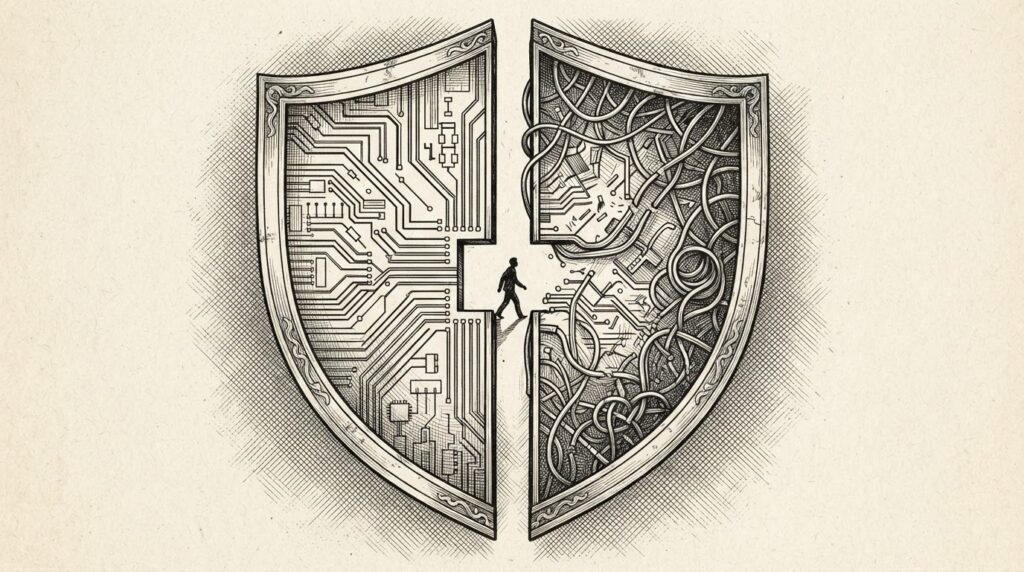 Monochrome pen-and-ink engraving of a shield divided in half — one side showing a clean structured circuit-board lattice representing safety controls, the other showing chaotic tangled wires representing their absence