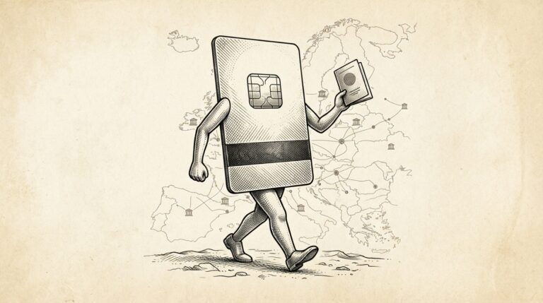 Pen-and-ink engraving of an anthropomorphic payment card walking across a European map, holding a credentials document - conceptual illustration of issuer-layer readiness for agent-initiated transactions.