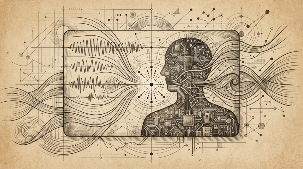 Abstract illustration of behavioral biometrics authentication for AI agents — signal patterns verifying machine identity through payment network infrastructure