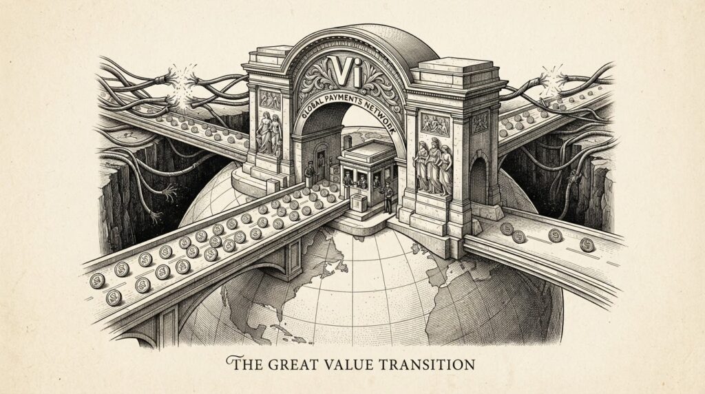 A massive toll booth straddling a globe with stablecoins flowing through like cars on a highway, while traditional wire transfer cables fray behind it
