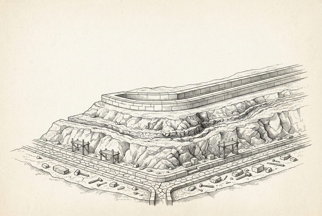 Pen-and-ink engraving of a terraced hillside with three distinct levels of dry stone channels converging at a single point - representing Visa's multi-layered stablecoin infrastructure being assembled across institutional banking, crypto-native, and regulatory sandbox ecosystems before demand arrives.