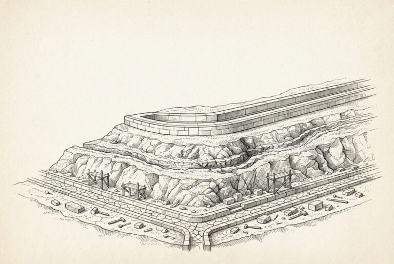 Pen-and-ink engraving of a terraced hillside with three distinct levels of dry stone channels converging at a single point - representing Visa's multi-layered stablecoin infrastructure being assembled across institutional banking, crypto-native, and regulatory sandbox ecosystems before demand arrives.