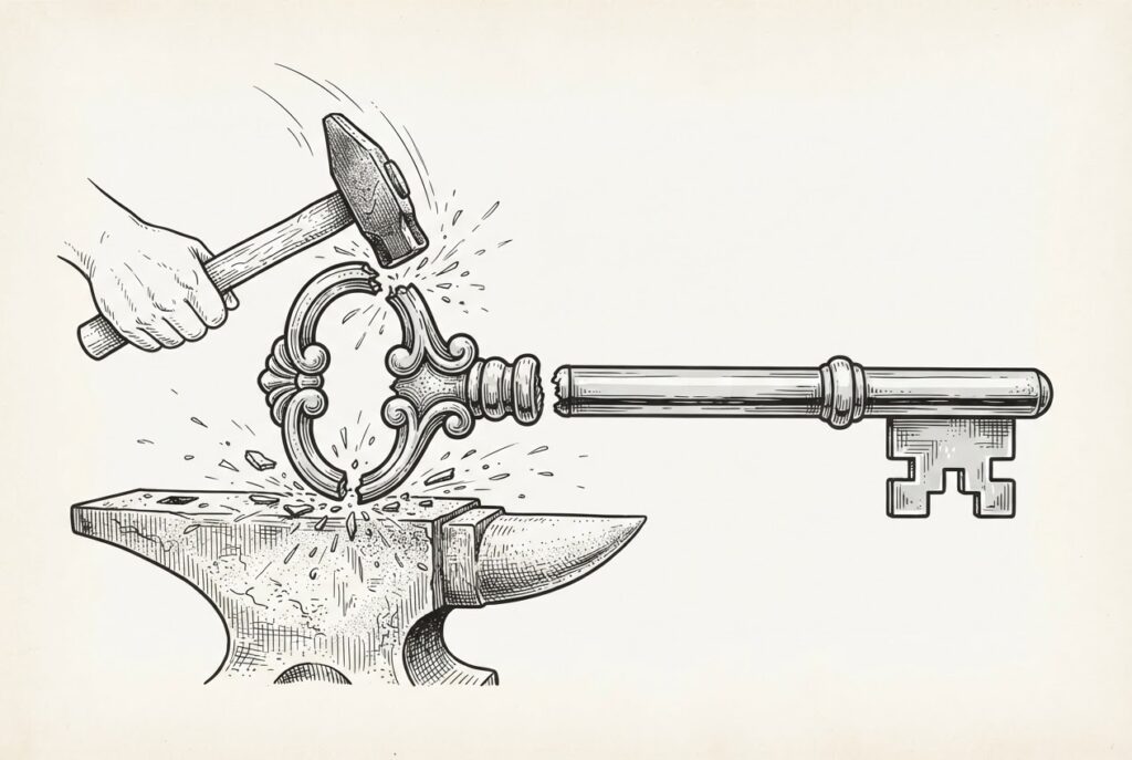 A large ornate antique key, broken cleanly at the bow. The lower half - shaft and teeth - remains intact and functional. The upper half sits on a blacksmith's anvil, a hammer caught mid-swing, sparks scattering from the metal being reforged into a new shape. Conceptual illustration of shared infrastructure that has been severed, forcing one side to rebuild its tool from scratch.