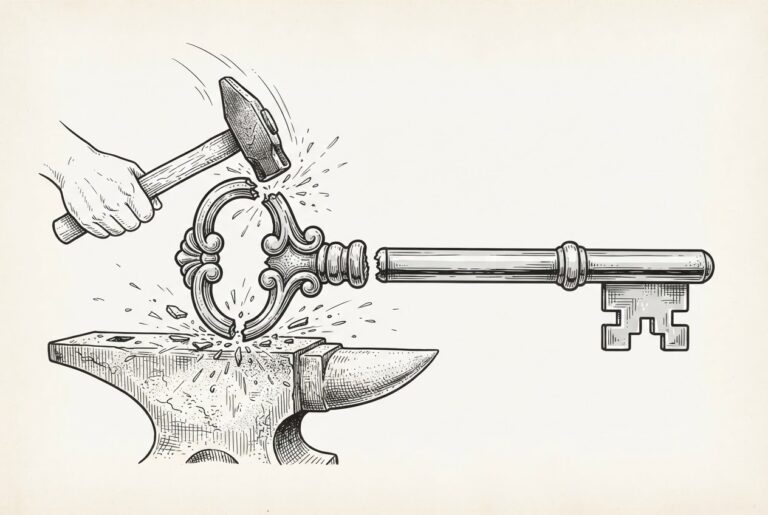 A large ornate antique key, broken cleanly at the bow. The lower half - shaft and teeth - remains intact and functional. The upper half sits on a blacksmith's anvil, a hammer caught mid-swing, sparks scattering from the metal being reforged into a new shape. Conceptual illustration of shared infrastructure that has been severed, forcing one side to rebuild its tool from scratch.