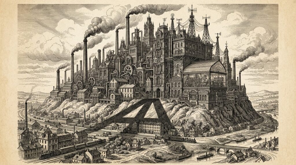 Monochrome Victorian engraving of a vertically integrated industrial factory complex, with a large Greek 'A' shadow cast across the landscape, representing the compute landlord thesis