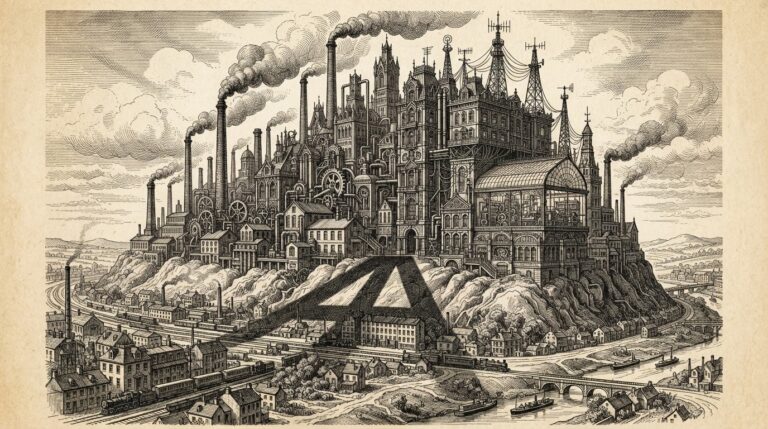 Monochrome Victorian engraving of a vertically integrated industrial factory complex, with a large Greek 'A' shadow cast across the landscape, representing the compute landlord thesis