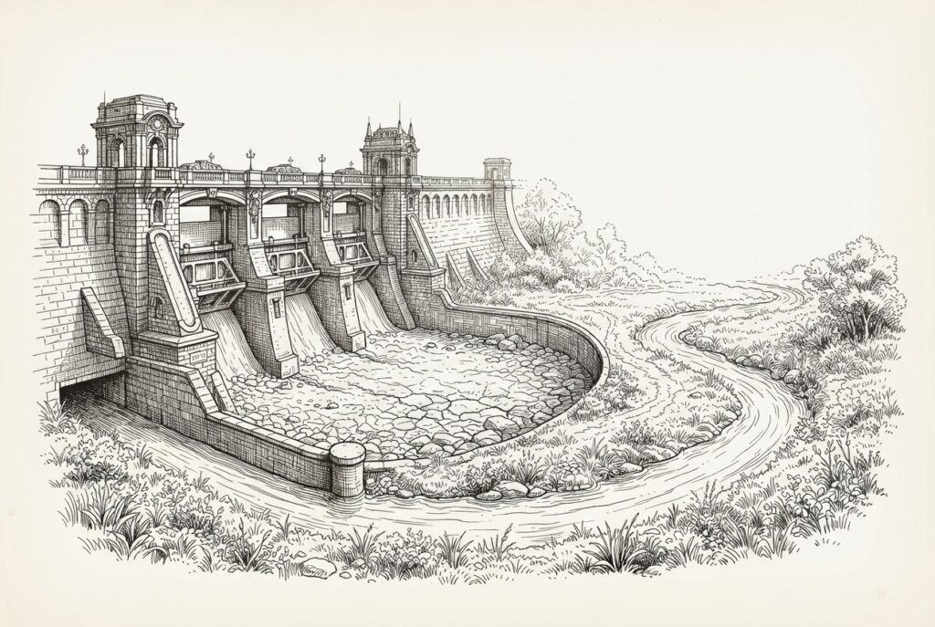 Pen-and-ink engraving of a classical stone dam with open sluice gates but a completely dry channel below, while a separate stream of water has carved a new channel around the dam and flows freely - representing the Fed's control infrastructure being bypassed by stablecoin money flow.
