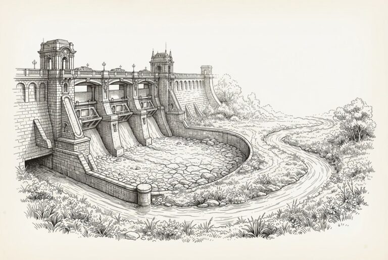 Pen-and-ink engraving of a classical stone dam with open sluice gates but a completely dry channel below, while a separate stream of water has carved a new channel around the dam and flows freely - representing the Fed's control infrastructure being bypassed by stablecoin money flow.