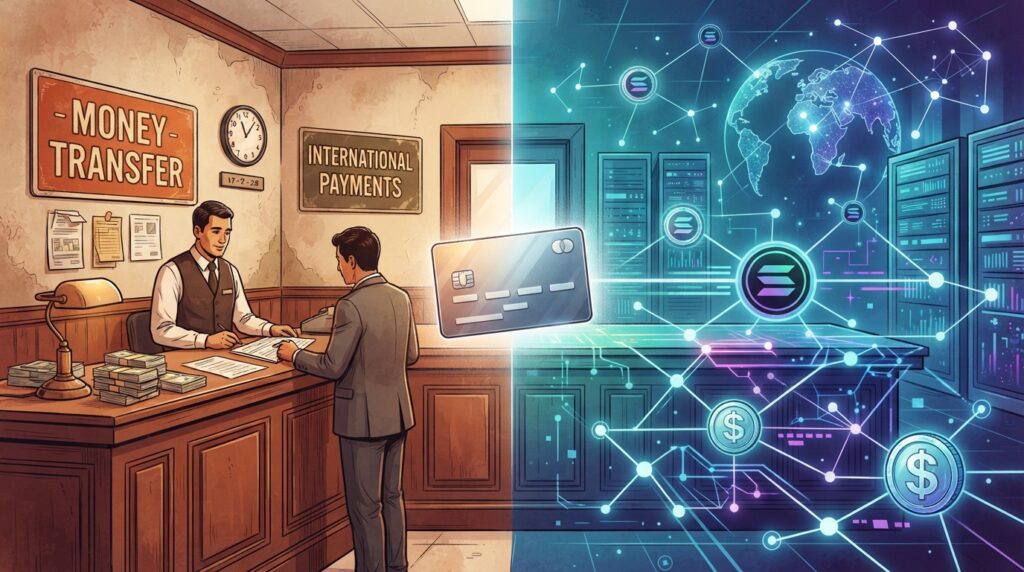 Western Union remittance counter transitioning to Solana blockchain network with stablecoin wallet and Visa card
