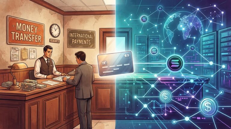 Western Union remittance counter transitioning to Solana blockchain network with stablecoin wallet and Visa card