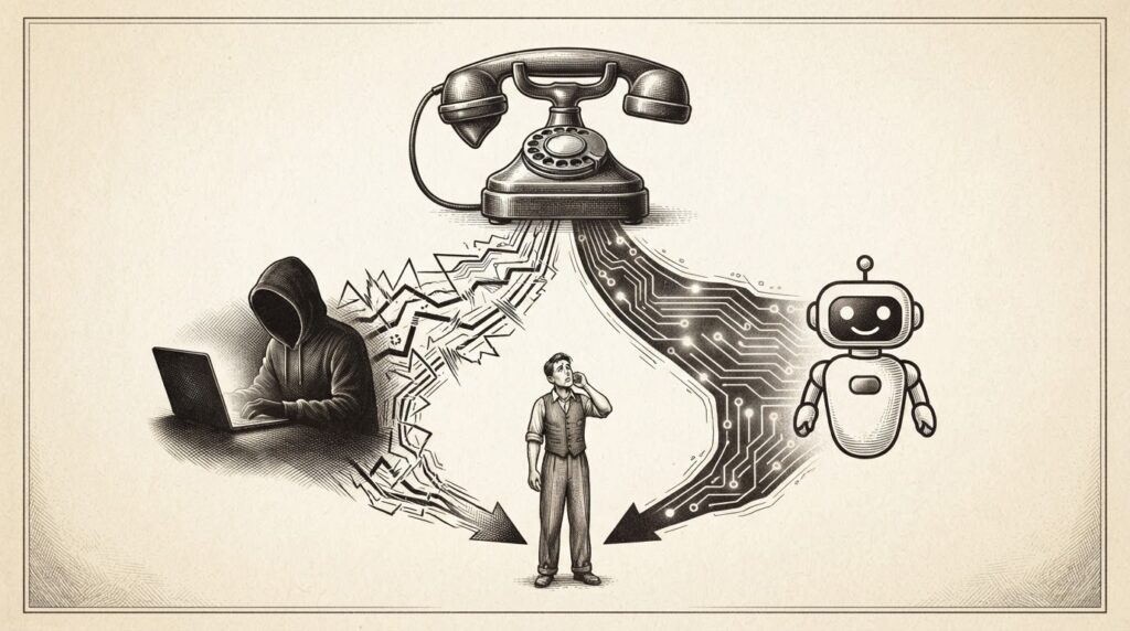 A telephone receiver splitting into two paths — one leading to a hacker silhouette, the other to an AI agent icon — converging on a lone human figure, illustrating the trust paradox at the intersection of voice phishing and AI calling features.