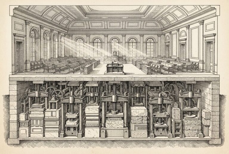 Cross-section of a grand neoclassical government building. At the top, a vast legislative chamber sits completely empty - rows of vacant seats, an abandoned podium, dust motes in shafts of light. Below the empty hall, a dense network of mechanical forcing apparatus fills the lower levels: heavy iron presses, threaded bolts, and compression plates pressing mismatched stone blocks together into a single unified wall. The empty legislative space contrasts with the dense executive machinery below. Conceptual illustration of executive agency action filling a congressional vacuum.