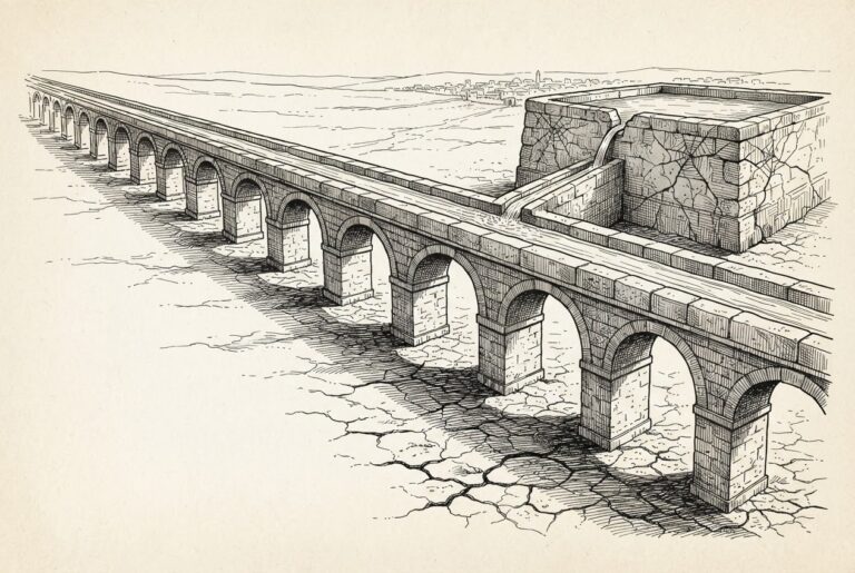 Pen-and-ink engraving of a vast stone aqueduct carrying water across a dry cracked plain, with the source reservoir visibly fractured - representing Canton Network's institutional infrastructure fed by a concentrated, fragile USD1 liquidity source.