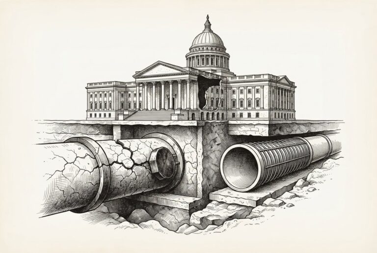 Cross-section of a classical government building showing underground conduits. On the left, a cracked and fractured conduit is being sealed shut with a heavy plug. On the right, a new reinforced conduit with geometric reinforcement rings is being connected. Conceptual illustration of a state swapping compromised blockchain infrastructure for institutional-grade connectivity.