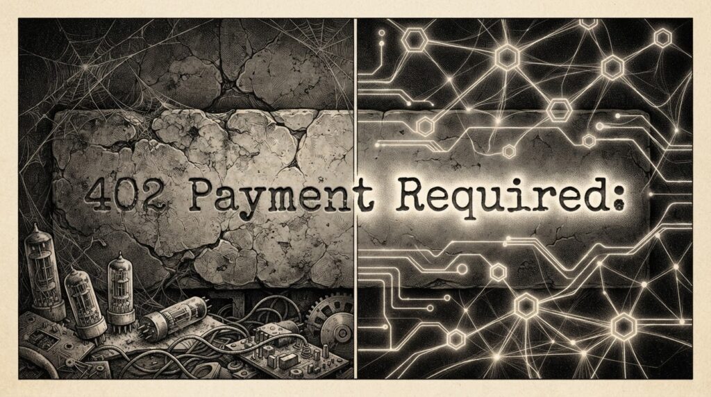 A single HTTP status line '402 Payment Required' carved as a stone tablet inscription, transitioning from faded dormancy on the left to glowing agent wallets and payment flows on the right. Monochrome pen-and-ink engraving on warm paper.