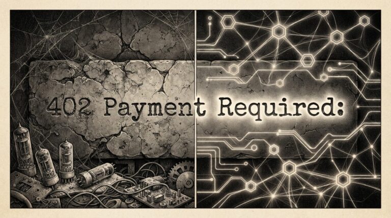 A single HTTP status line '402 Payment Required' carved as a stone tablet inscription, transitioning from faded dormancy on the left to glowing agent wallets and payment flows on the right. Monochrome pen-and-ink engraving on warm paper.