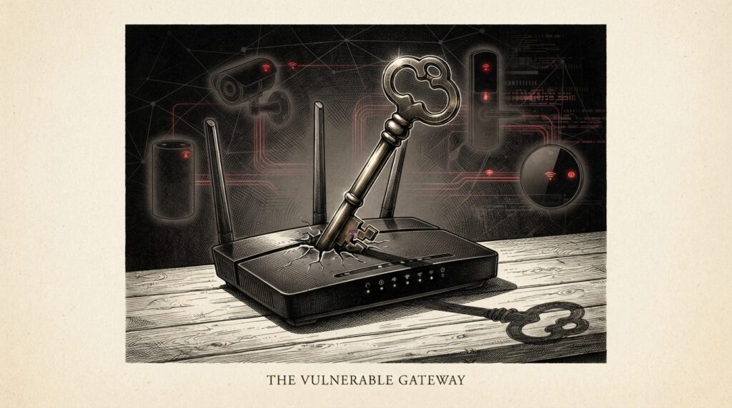 A domestic router with a skeleton key embedded in its casing, with connected smart home devices behind it all shown as compromised