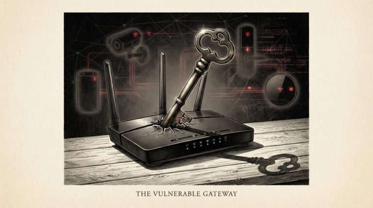 A domestic router with a skeleton key embedded in its casing, with connected smart home devices behind it all shown as compromised