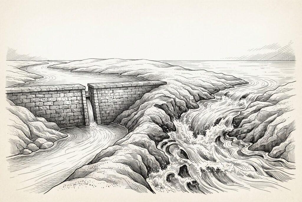 A wide river splitting into two channels at a rocky fork - the left channel controlled by a massive stone dam with a narrow sluice gate (regulated flow), the right channel carved through solid rock by rushing water (wider, dynamic flow toward open horizon) - metaphor for banks' dual-track strategy: tokenized deposits (controlled, defensive) vs stablecoins on public blockchains (open, offensive)