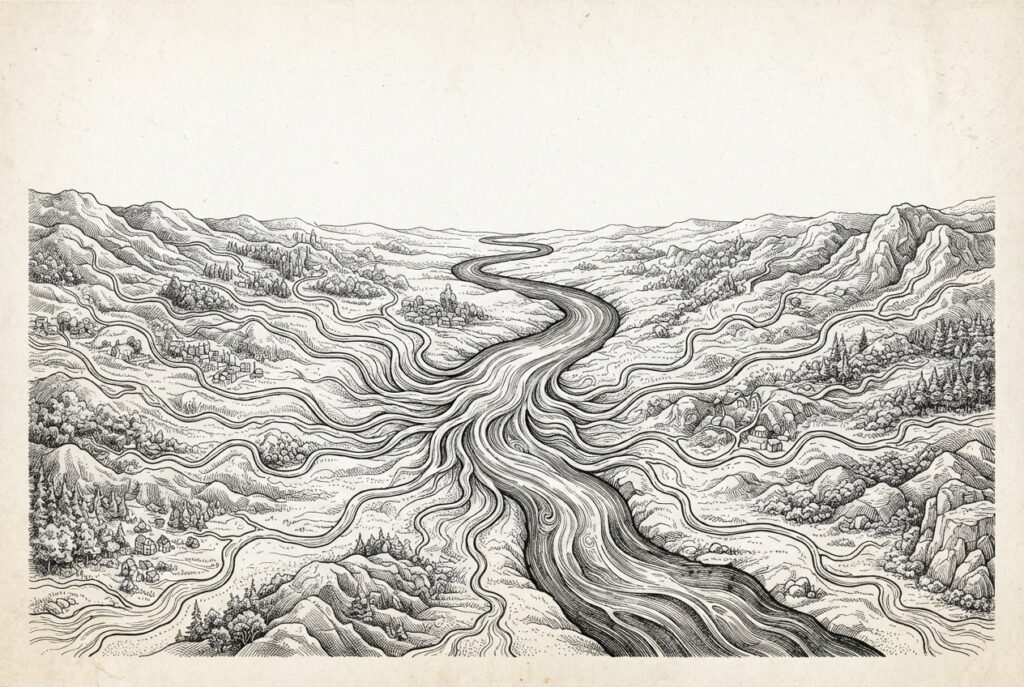 Multiple rivers converging into a single powerful channel - symbolizing 21 global banks merging into one stablecoin venture under the GENIUS Act's regulatory terrain.