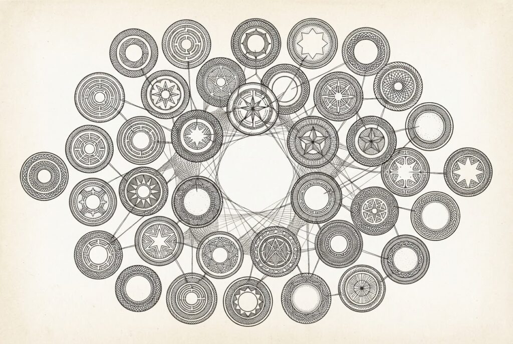 Ornate circular state enforcement seals woven together by threads into a unified framework, with an empty central void where federal authority should be