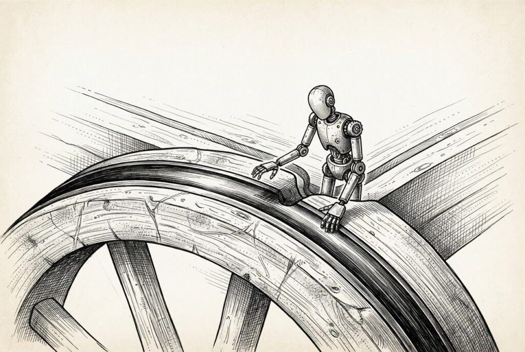A wooden wheel with two grooves - one deep and well-worn, one shallow and barely scratched - with a small faceless mechanical figure at the fork reaching toward the untested path while still resting in the trusted one.