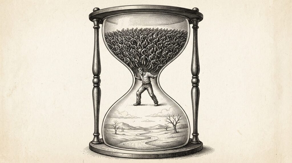 Allegorical hourglass engraving with a human figure widening the narrow neck between a crowded mass of pilot projects above and an empty production landscape below, representing the deployment bottleneck