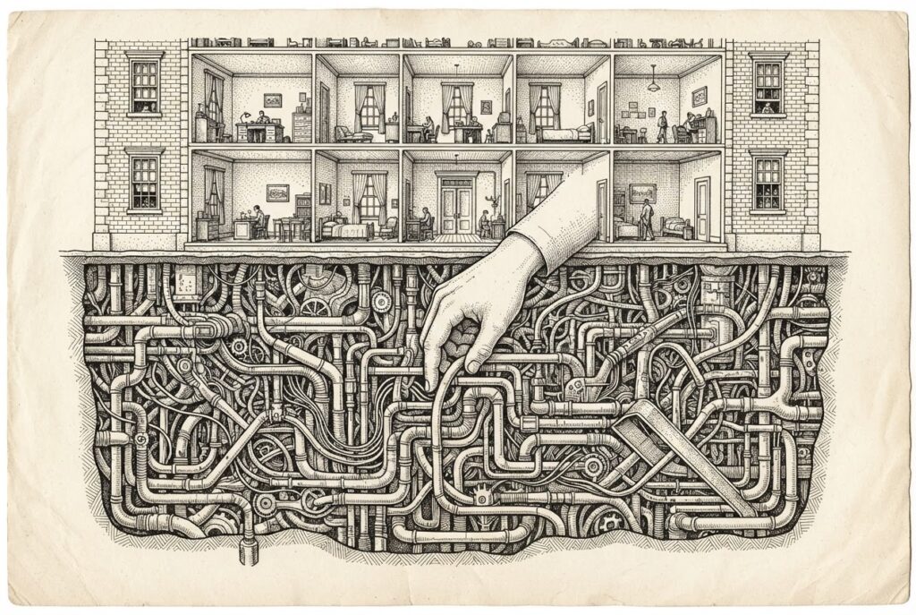 A building cross-section revealing hidden infrastructure pathways beneath a neat facade, with a hand reaching into the concealed labyrinth — the real process exposed beneath the visible surface.