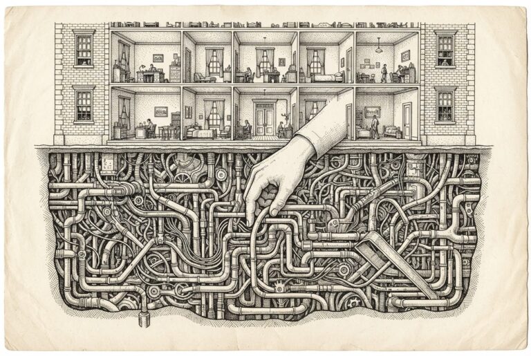 A building cross-section revealing hidden infrastructure pathways beneath a neat facade, with a hand reaching into the concealed labyrinth — the real process exposed beneath the visible surface.