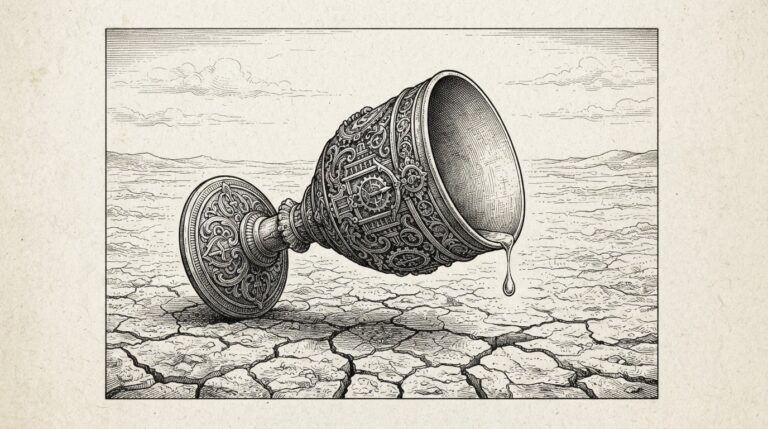 An ornate ceremonial vessel, elaborately decorated with scrollwork, sits tilted on cracked barren ground. Only a single thin droplet falls from its lip - enormous institutional preparation producing nearly nothing.