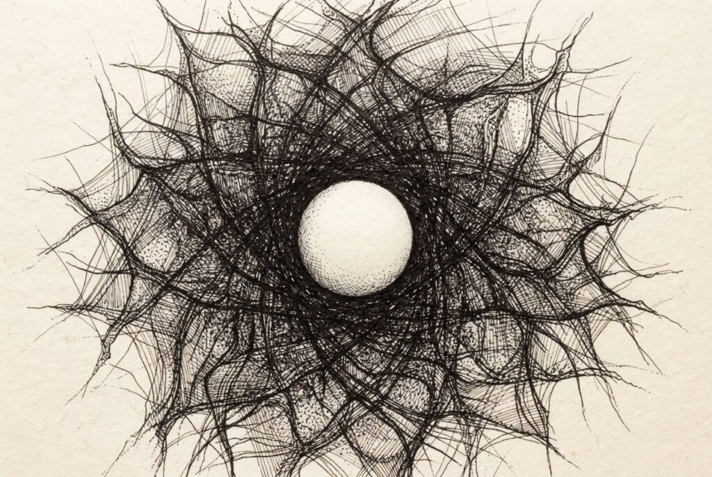 A dense dark web of fine ink lines encircles and presses toward a central bright negative space shaped like a small protective sphere, representing invisible digital threats surrounding protected innocence - an allegory for California's Adam's Law regulating how AI agents behave around children.