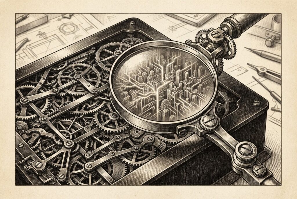 A mechanical inspection lens examining the intricate internal gears and interlocking mechanisms of an autonomous system, revealing hidden architectural structure through cross-hatched engraving