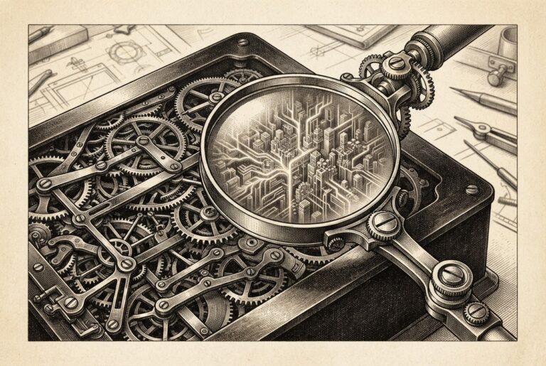 A mechanical inspection lens examining the intricate internal gears and interlocking mechanisms of an autonomous system, revealing hidden architectural structure through cross-hatched engraving