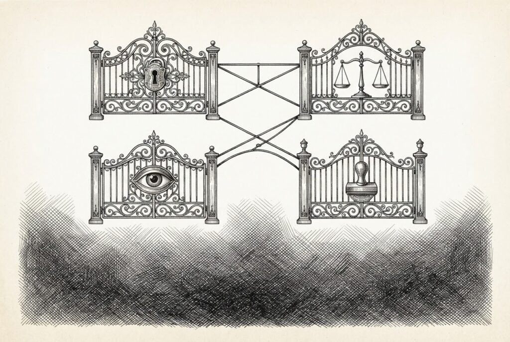 Four ornate wrought-iron gates - each with a different mechanism (keyhole, balance scale, eye, seal) representing identity, security, observability, and compliance - suspended above a formless void of dense cross-hatched darkness. Guardrails built before the territory they protect exists.