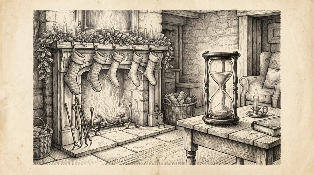 An empty Christmas hearth with stockings hung from the mantle and an hourglass running beside it, suggesting the urgency of preparing AI agents before the holiday shopping rush begins - monochrome pen-and-ink engraving.