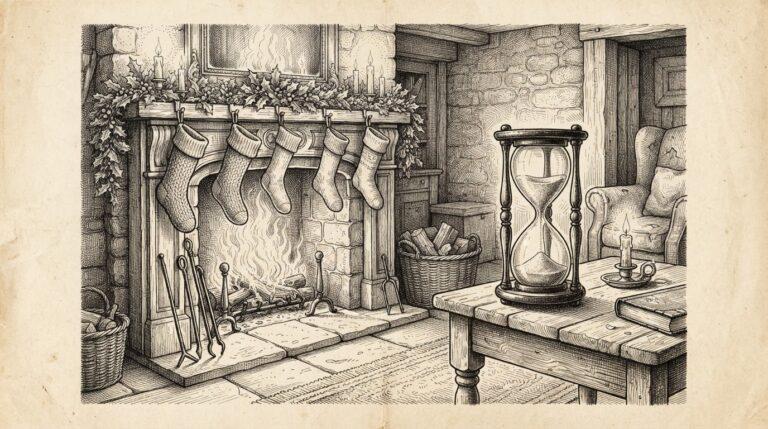 An empty Christmas hearth with stockings hung from the mantle and an hourglass running beside it, suggesting the urgency of preparing AI agents before the holiday shopping rush begins - monochrome pen-and-ink engraving.