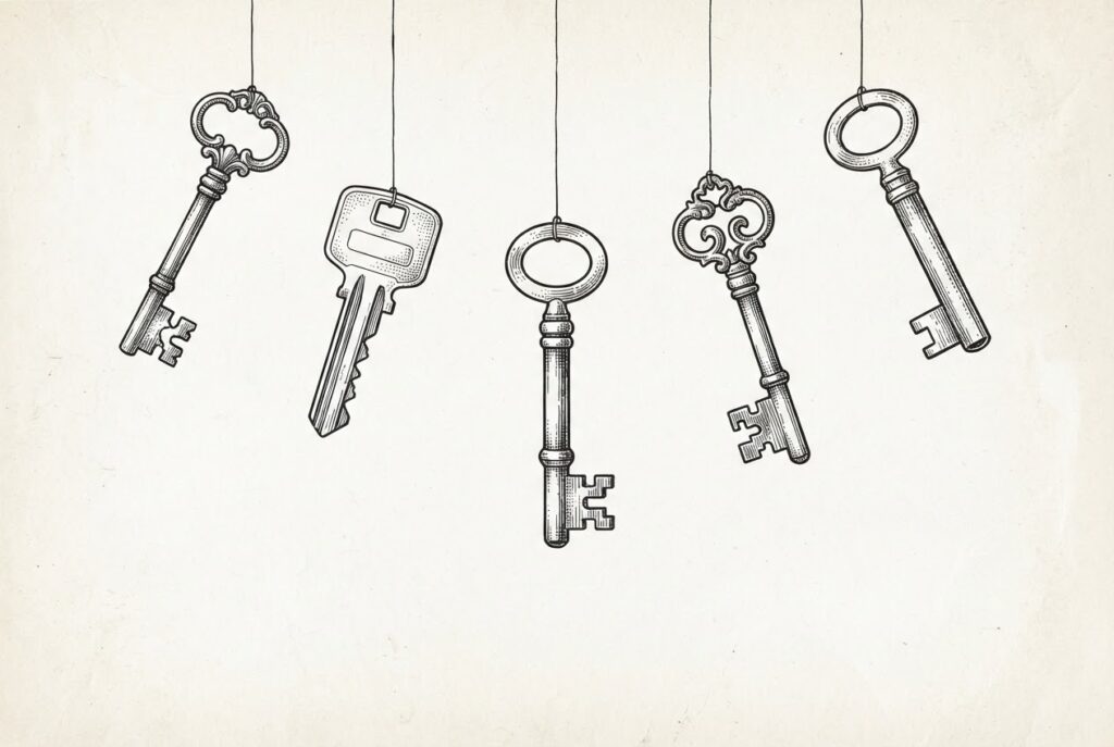 Five ornate antique keys of different designs hang in empty space, all pointing toward a spot where a door should be but is absent - the fragmentation of agent identity standards visualized as incompatible credentials.