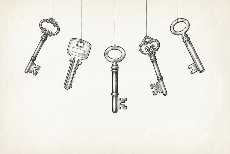 Five ornate antique keys of different designs hang in empty space, all pointing toward a spot where a door should be but is absent - the fragmentation of agent identity standards visualized as incompatible credentials.