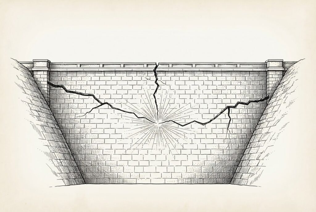 A stone dam with three distinct cracks originating from different directions, converging on a single pressure point in the center - conceptual illustration of three AI agent incidents collapsing into one compliance reality.