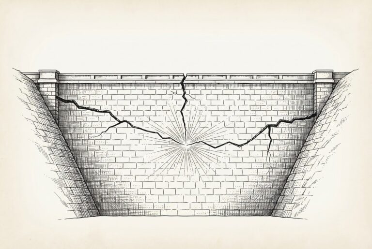 A stone dam with three distinct cracks originating from different directions, converging on a single pressure point in the center - conceptual illustration of three AI agent incidents collapsing into one compliance reality.