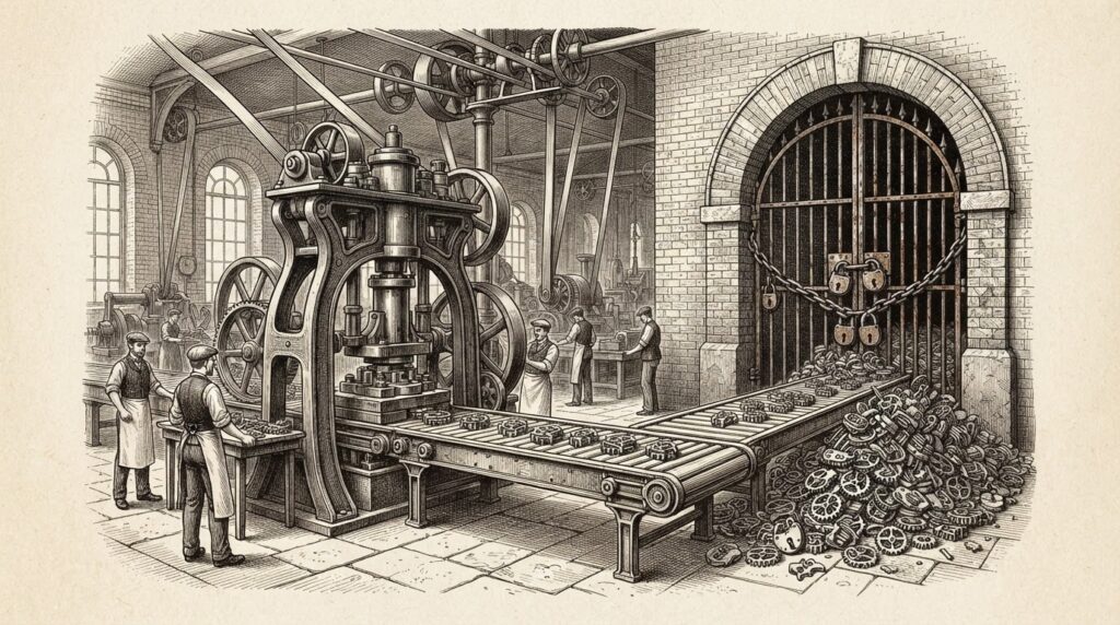A Victorian-era factory floor with a massive industrial press stamping finished products onto a conveyor belt, but the belt leads to a locked gate with chains — the products pile up and never ship. Monochrome pen-and-ink engraving on warm off-white paper.