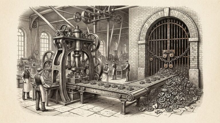 A Victorian-era factory floor with a massive industrial press stamping finished products onto a conveyor belt, but the belt leads to a locked gate with chains — the products pile up and never ship. Monochrome pen-and-ink engraving on warm off-white paper.