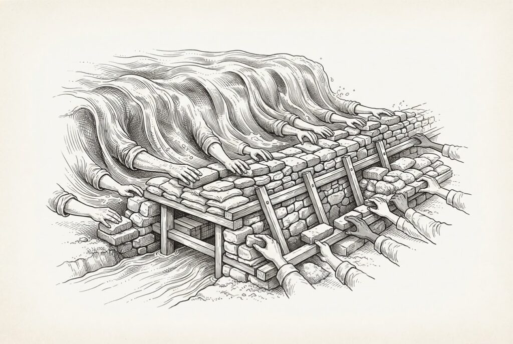 Many hands working together to construct a small but precisely engineered dam or levee against a vast rising flood of water - the careful construction represents the security infrastructure being built by multiple companies, while the rising water represents the flood of AI agent deployments already in production.