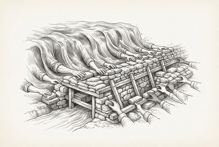 Many hands working together to construct a small but precisely engineered dam or levee against a vast rising flood of water - the careful construction represents the security infrastructure being built by multiple companies, while the rising water represents the flood of AI agent deployments already in production.