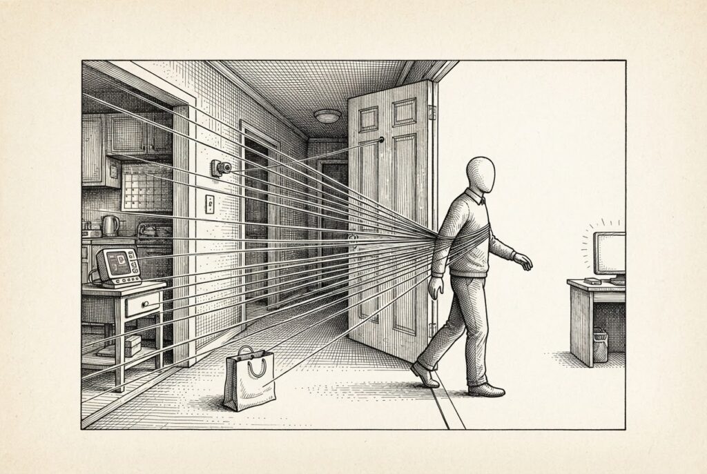 A faceless figure steps through an open doorway into bright light, while fine threads radiate from their body backward into every room of the house - the exit is clear but the connections remain