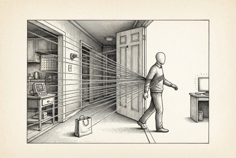 A faceless figure steps through an open doorway into bright light, while fine threads radiate from their body backward into every room of the house - the exit is clear but the connections remain